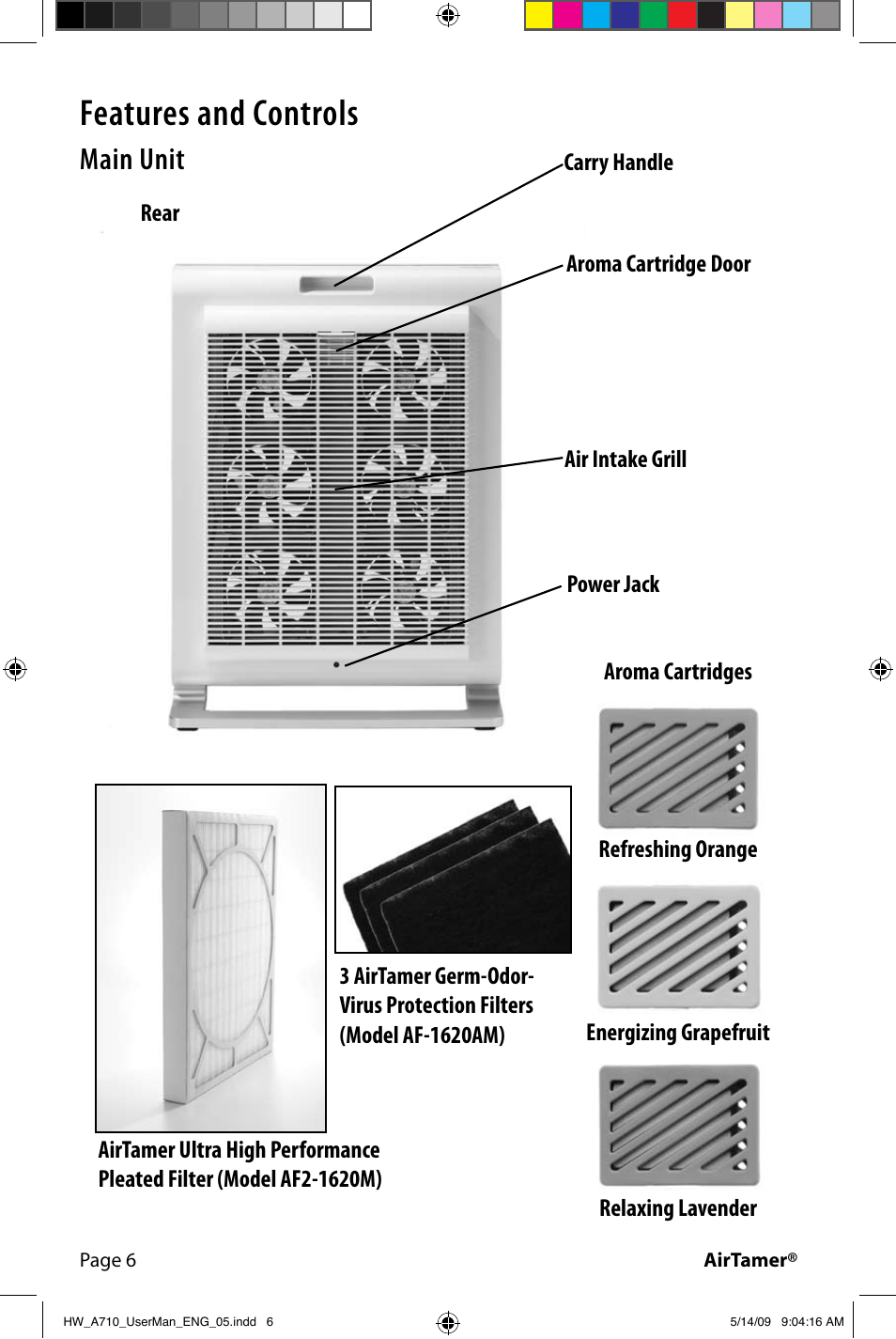 Features and controls, Main unit | FilterStream Ultra High Efficiency Air Purifier HW_A710 User Manual | Page 8 / 24