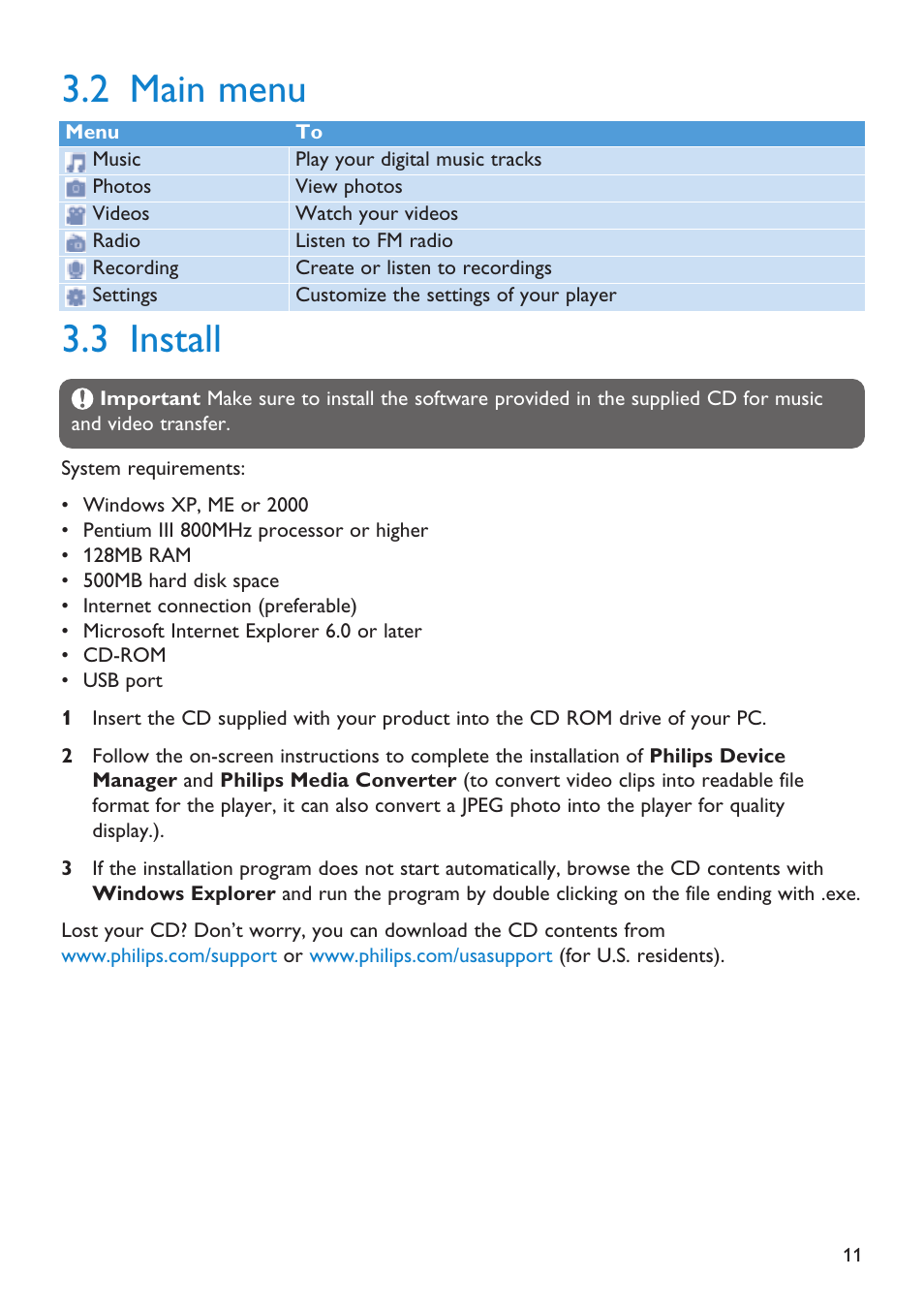 2 main menu, 3 install, Main menu | Install | First Virtual Communications Flash Audio Player SA3105 User Manual | Page 11 / 29