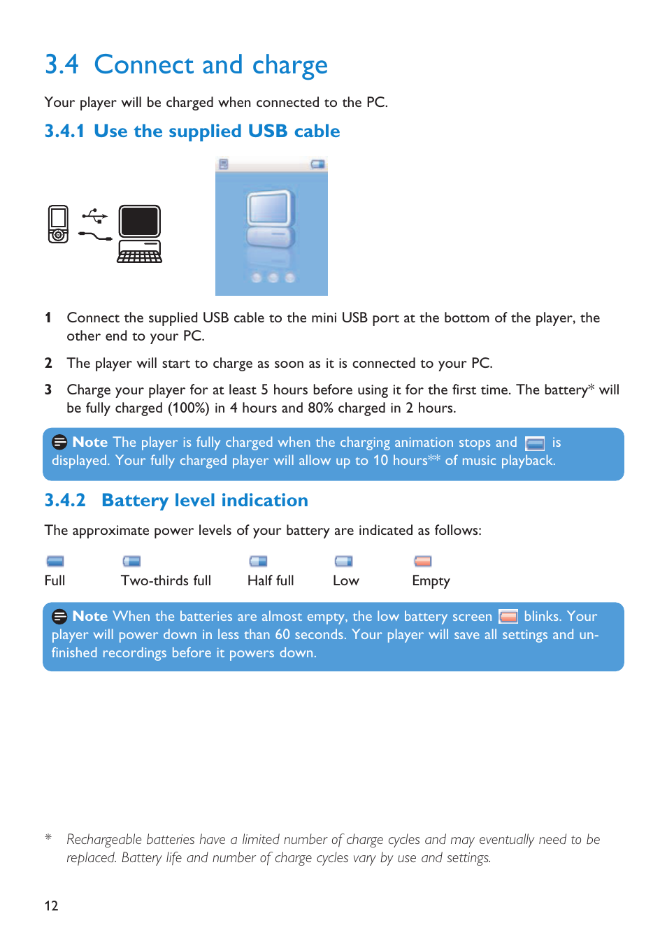 4 connect and charge, 1 use the supplied usb c, Connect and charge | Use the supplied usb cable, 2 battery level indication, 1 use the supplied usb cable | First Virtual Communications Flash Audio Player SA3105 User Manual | Page 12 / 29
