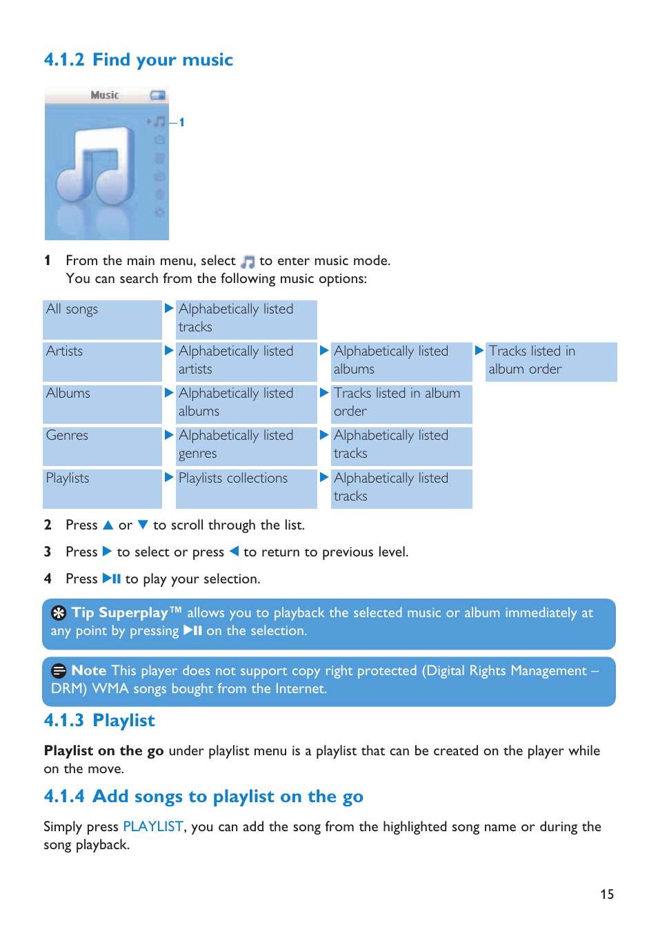 2 find your music, 3 playlist, 4 add songs to playlist | Find your music, Playlist, Add songs to playlist on the go, 4 add songs to playlist on the go | First Virtual Communications Flash Audio Player SA3105 User Manual | Page 15 / 29