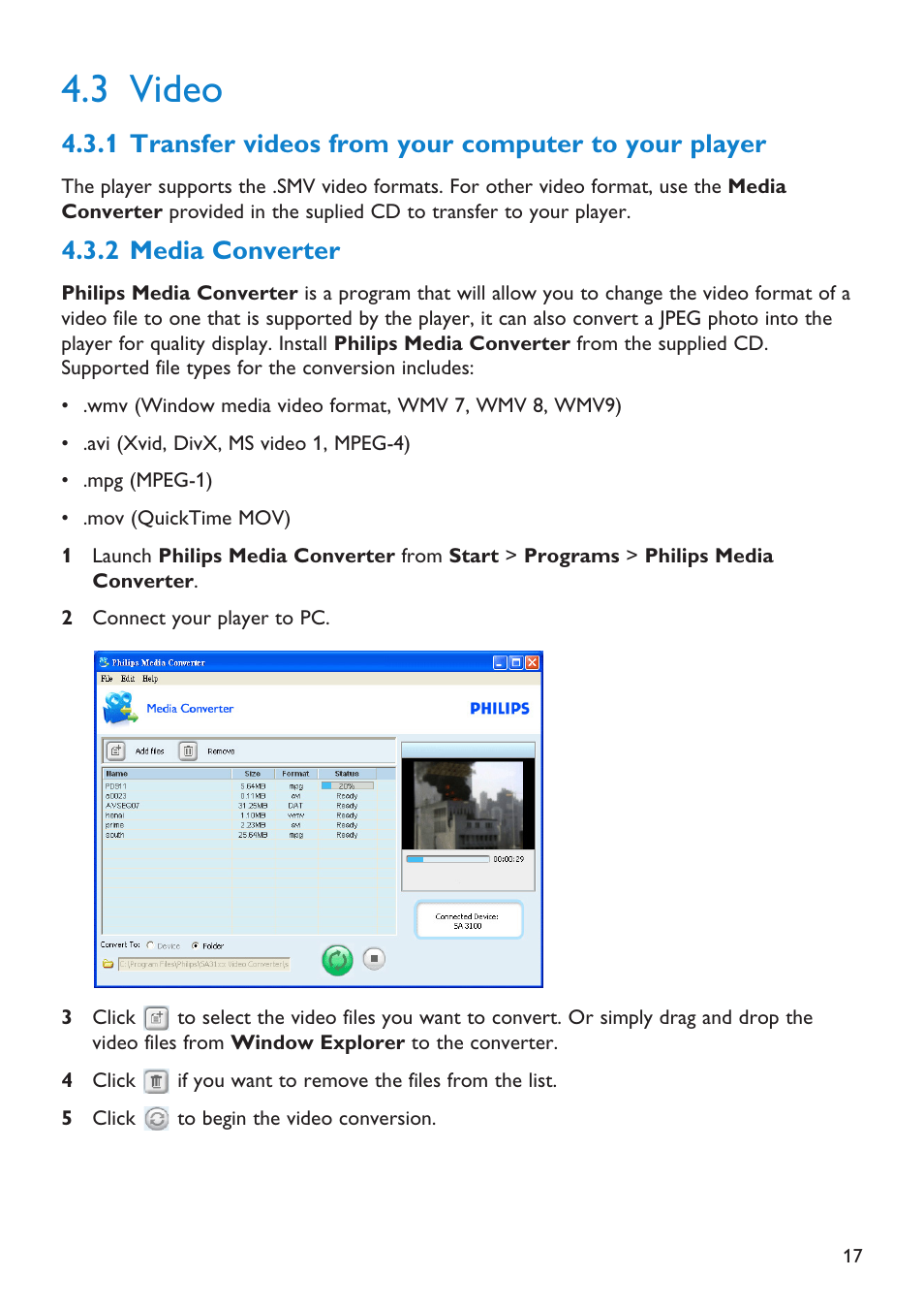 3 video, 1 transfer videos from y, 2 media converter | Video, Transfer videos from your computer to your player, Media converter | First Virtual Communications Flash Audio Player SA3105 User Manual | Page 17 / 29