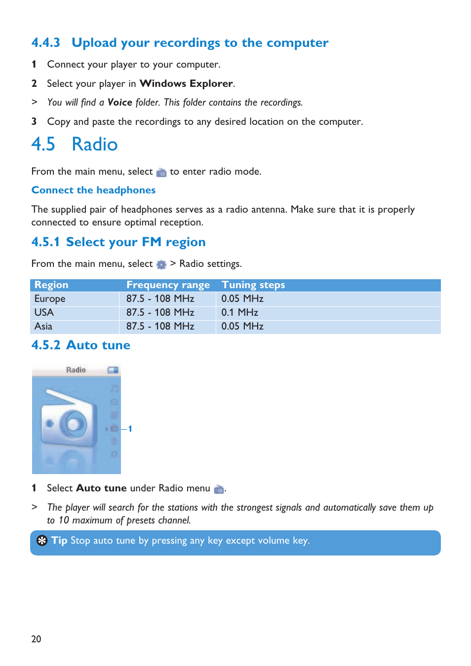 3 upload your recordings, 5 radio, 1 select your fm region | 2 auto tune, Upload your recordings to the computer, Radio, Select your fm region, Auto tune, 3 upload your recordings to the computer | First Virtual Communications Flash Audio Player SA3105 User Manual | Page 20 / 29