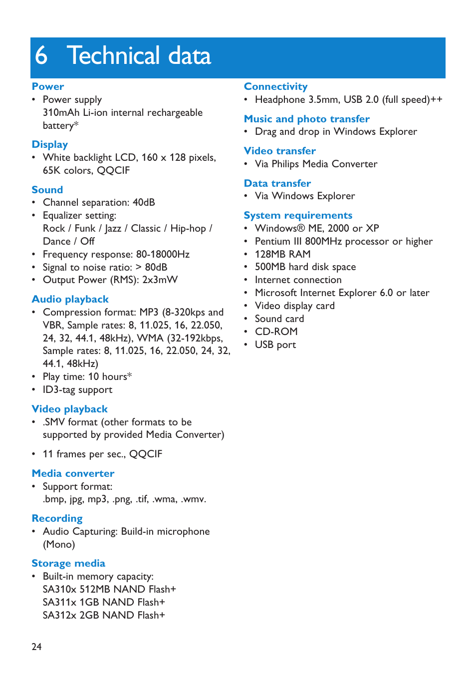 6 technical data | First Virtual Communications Flash Audio Player SA3105 User Manual | Page 24 / 29