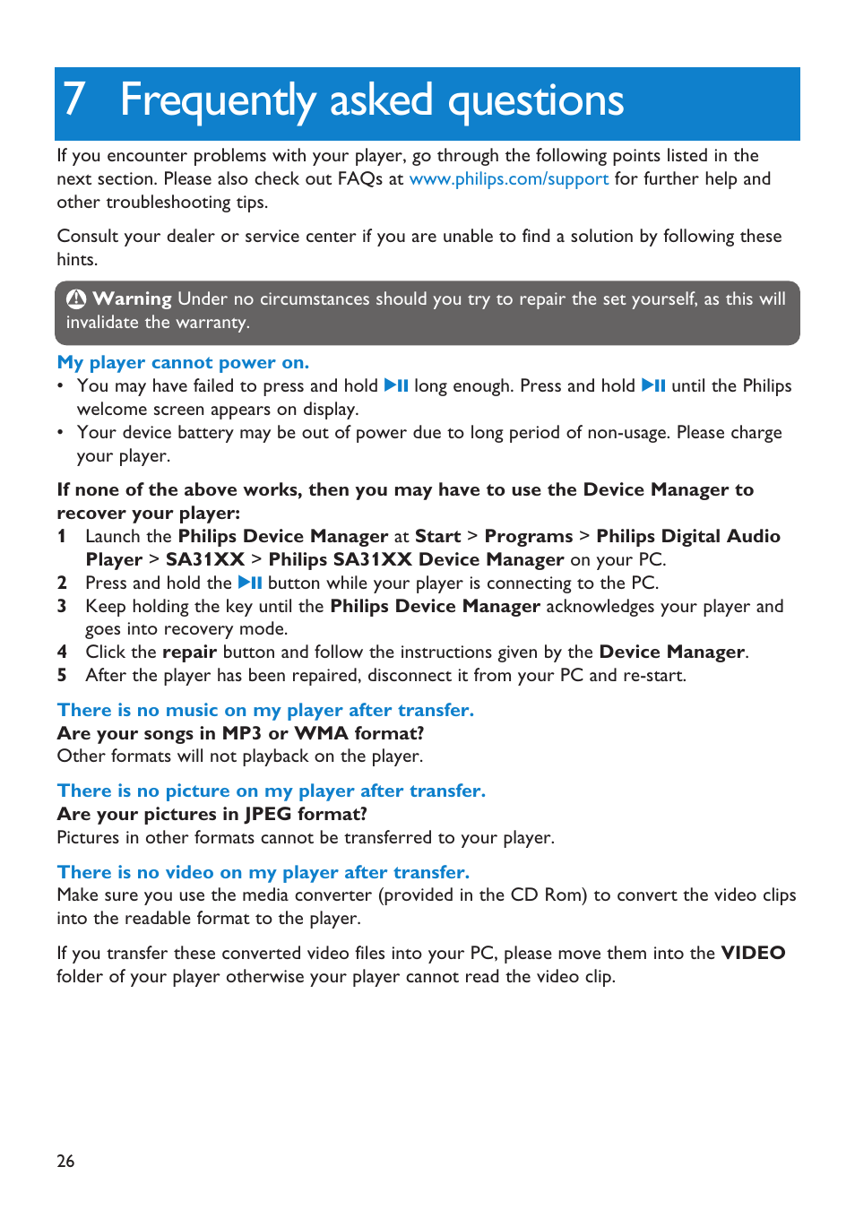 7 frequently asked questions | First Virtual Communications Flash Audio Player SA3105 User Manual | Page 26 / 29