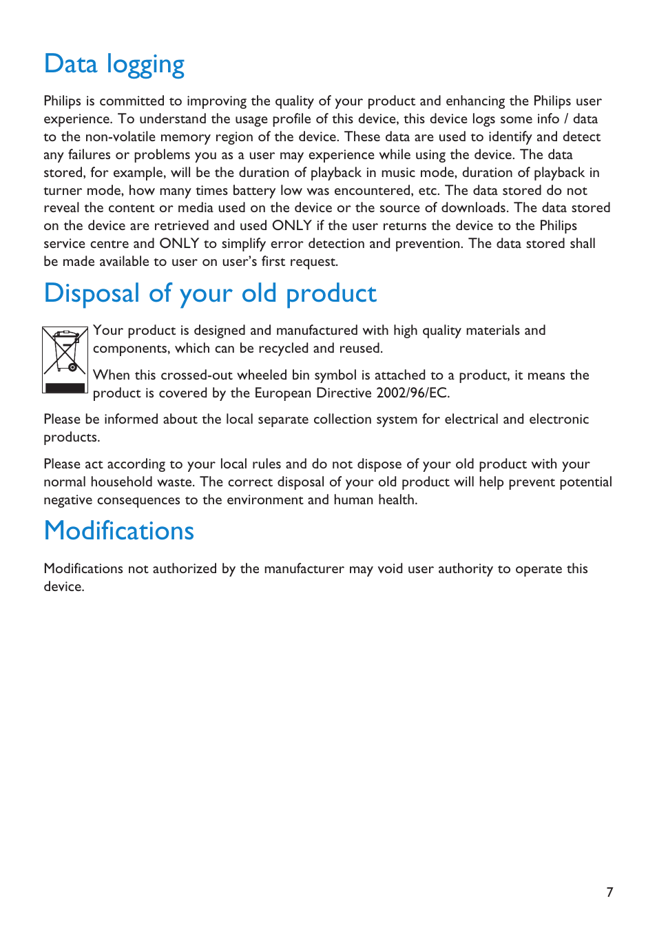Data logging, Disposal of your old product, Modifications | First Virtual Communications Flash Audio Player SA3105 User Manual | Page 7 / 29