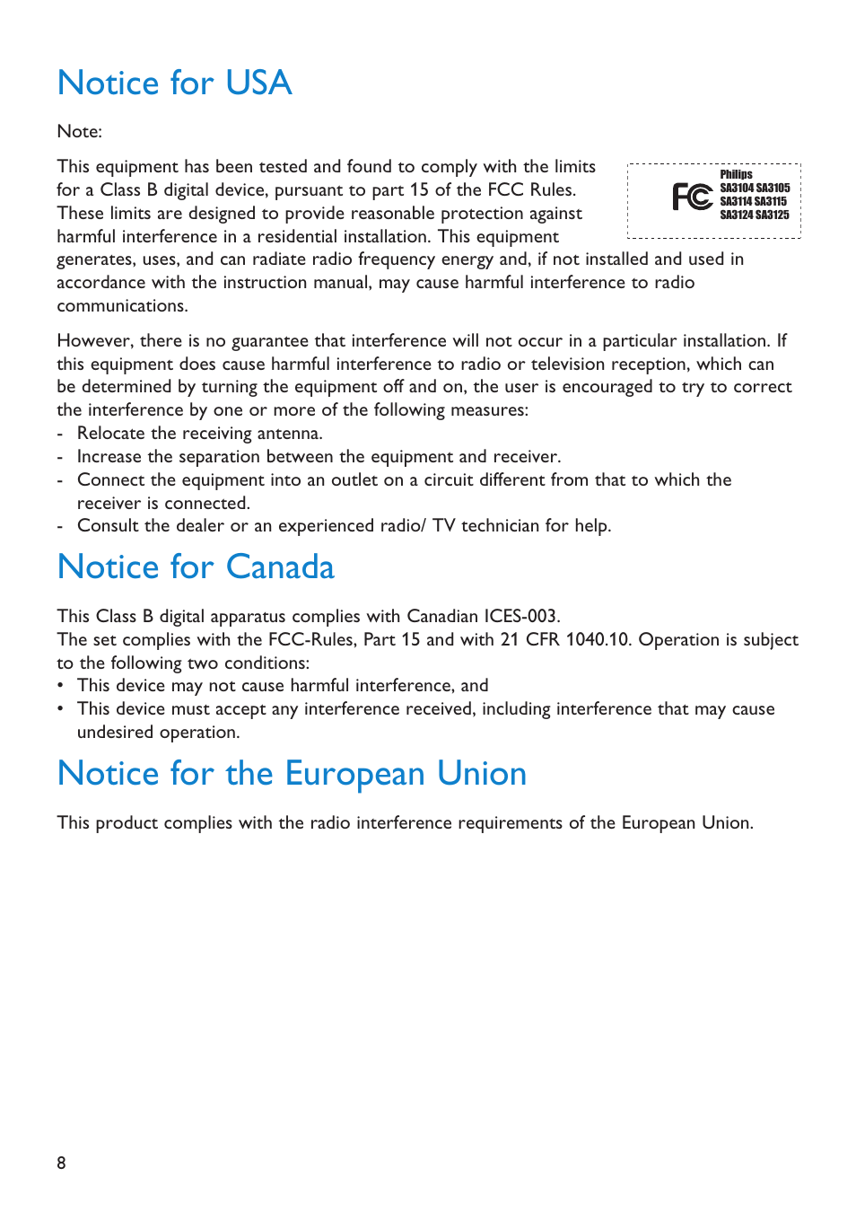 Notice for usa, Notice for canada, Notice for the european union | First Virtual Communications Flash Audio Player SA3105 User Manual | Page 8 / 29