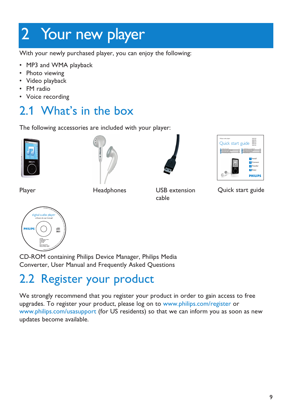 1 what’s in the box, 2 register your product, What’s in the box | Register your product, 2 your new player, Quick start guide | First Virtual Communications Flash Audio Player SA3105 User Manual | Page 9 / 29