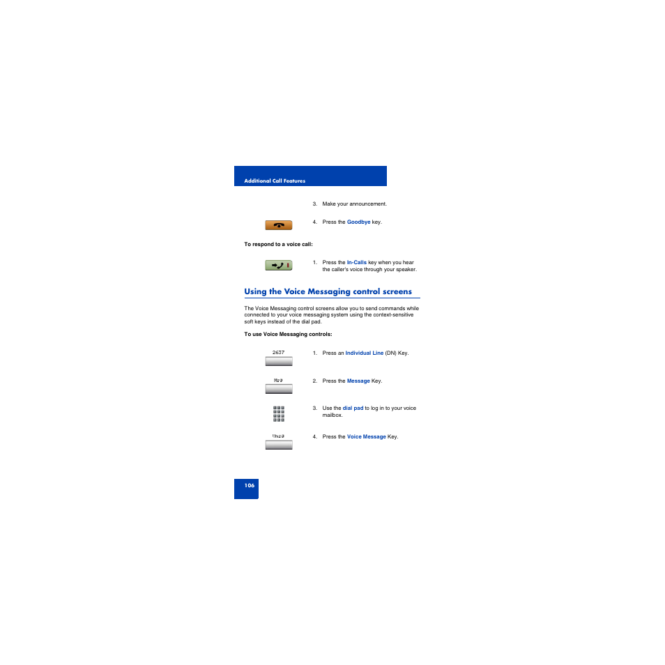 Using the voice messaging control screens | First Virtual Communications 1150E User Manual | Page 106 / 154