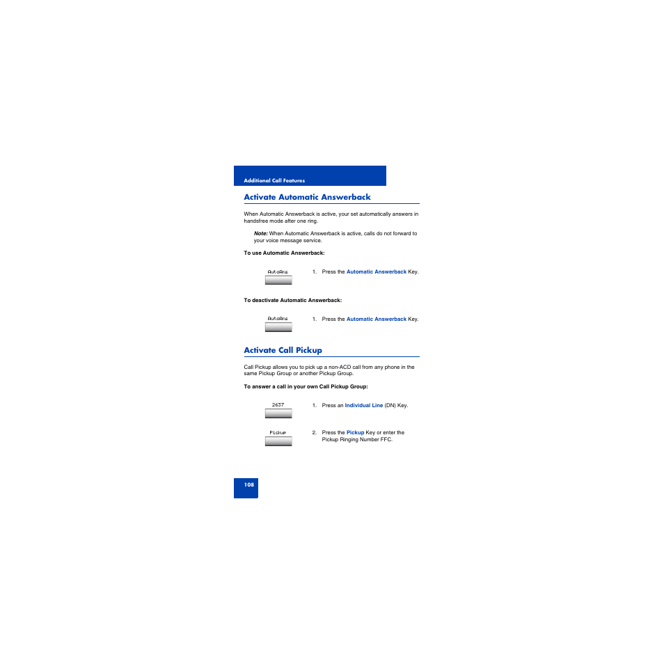 Activate automatic answerback, Activate call pickup | First Virtual Communications 1150E User Manual | Page 108 / 154