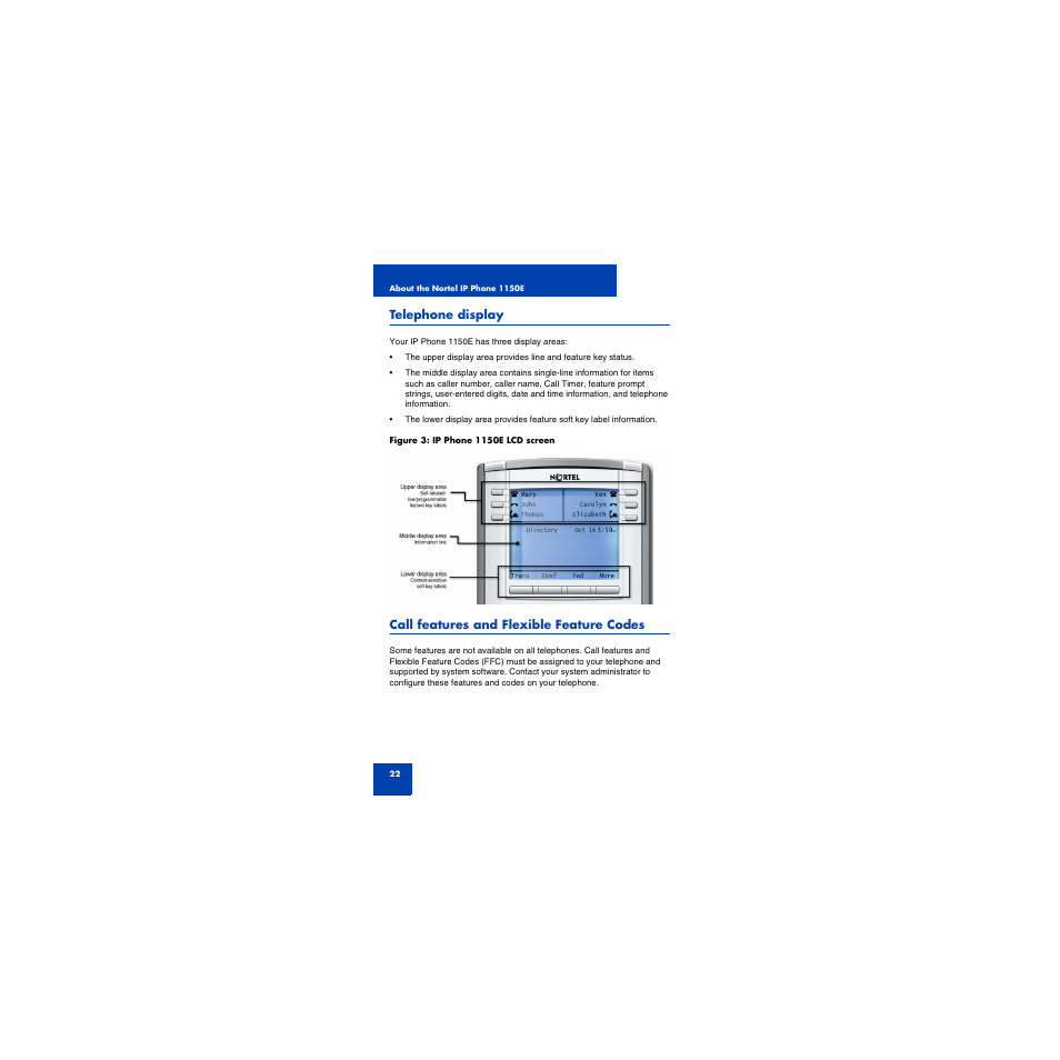 Telephone display, Call features and flexible feature codes | First Virtual Communications 1150E User Manual | Page 22 / 154