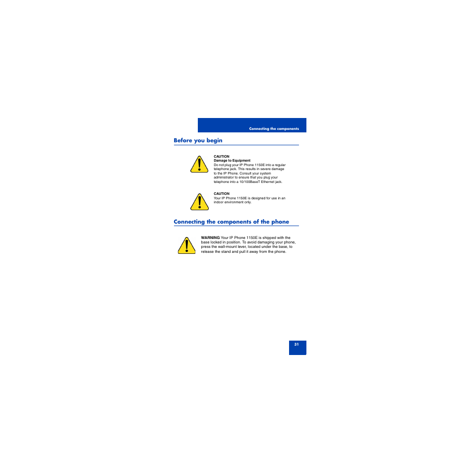 Before you begin, Connecting the components of the phone | First Virtual Communications 1150E User Manual | Page 31 / 154