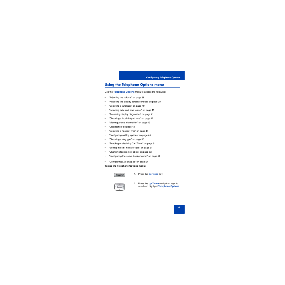 Using the telephone options menu | First Virtual Communications 1150E User Manual | Page 37 / 154