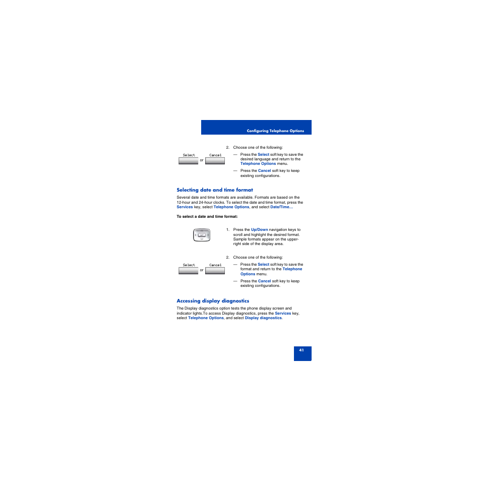 Selecting date and time format, Accessing display diagnostics | First Virtual Communications 1150E User Manual | Page 41 / 154