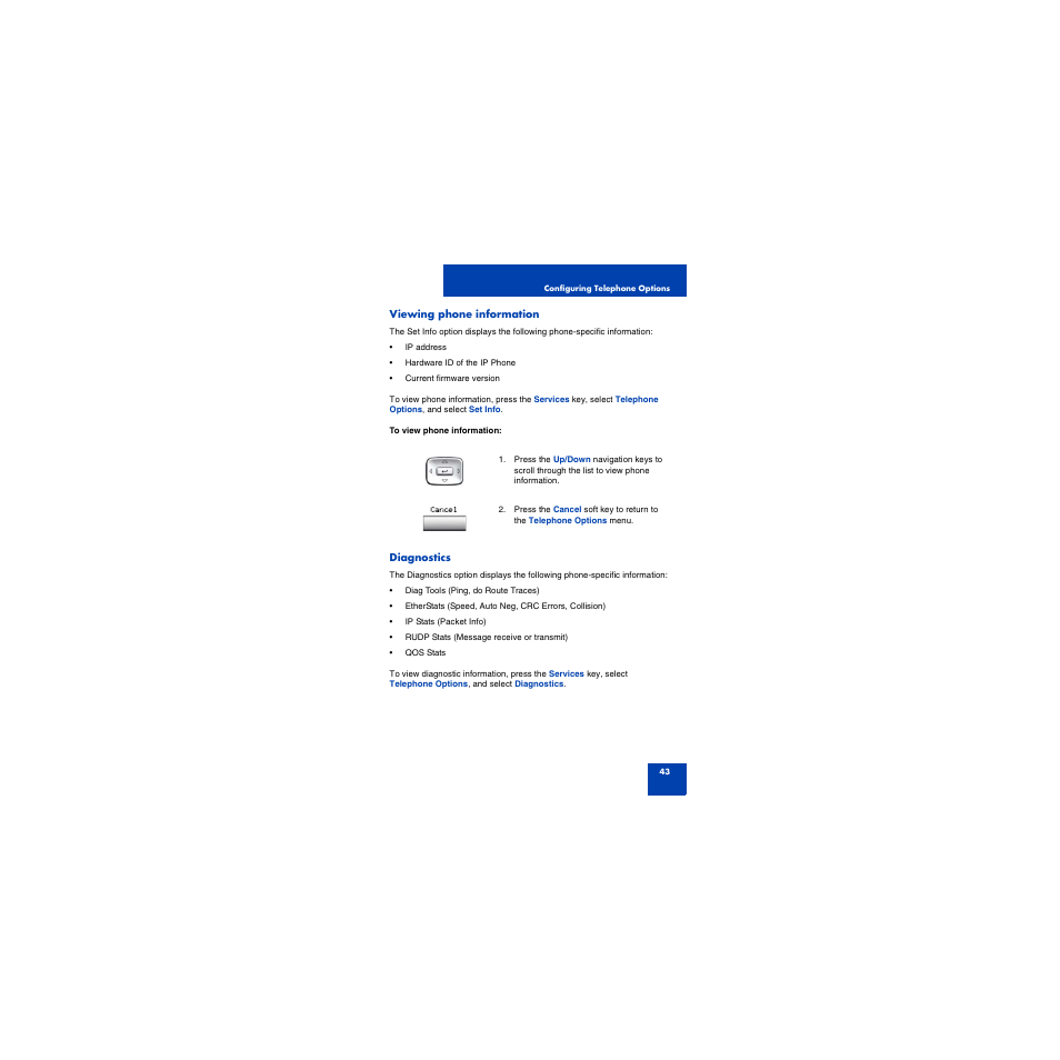 Viewing phone information, Diagnostics | First Virtual Communications 1150E User Manual | Page 43 / 154
