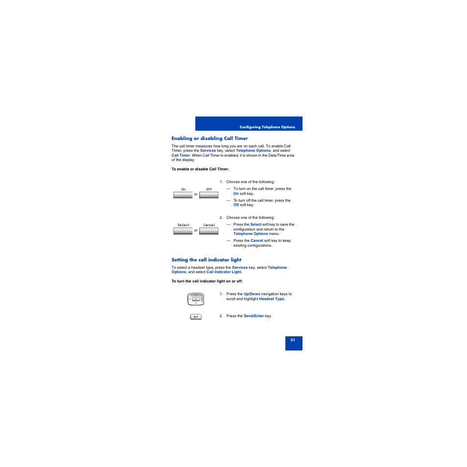 Enabling or disabling call timer, Setting the call indicator light | First Virtual Communications 1150E User Manual | Page 51 / 154