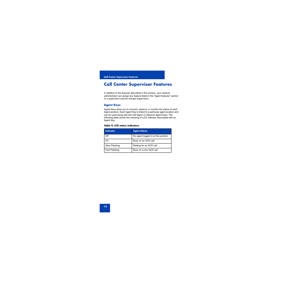 Call center supervisor features, Agent keys | First Virtual Communications 1150E User Manual | Page 72 / 154