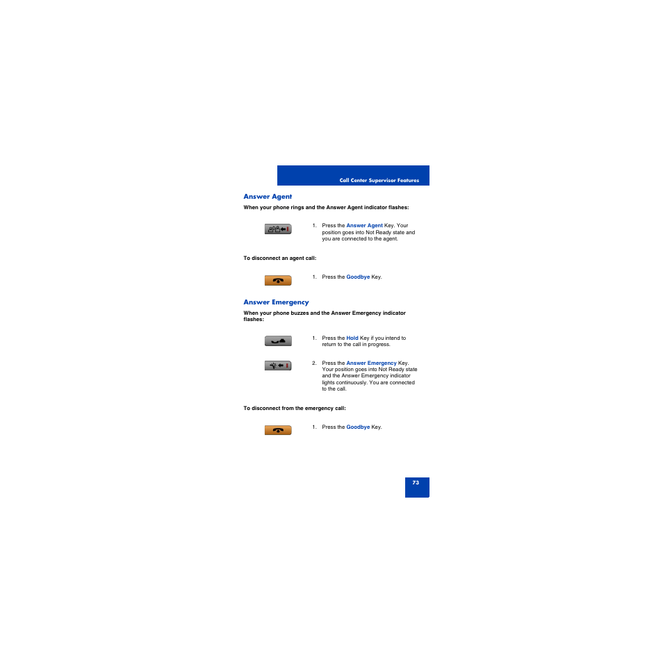 Answer agent, Answer emergency | First Virtual Communications 1150E User Manual | Page 73 / 154