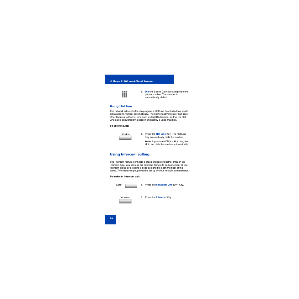 Using hot line, Using intercom calling, Answering a call | First Virtual Communications 1150E User Manual | Page 86 / 154