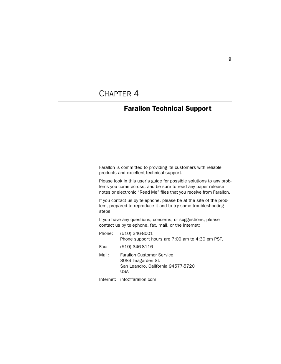 Chapter 4, Farallon technical support | Farallon Communications NetLine PCI Card User Manual | Page 13 / 18