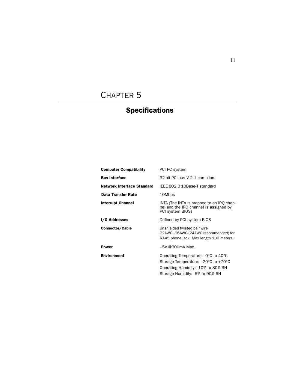Chapter 5, Specifications | Farallon Communications NetLine PCI Card User Manual | Page 15 / 18