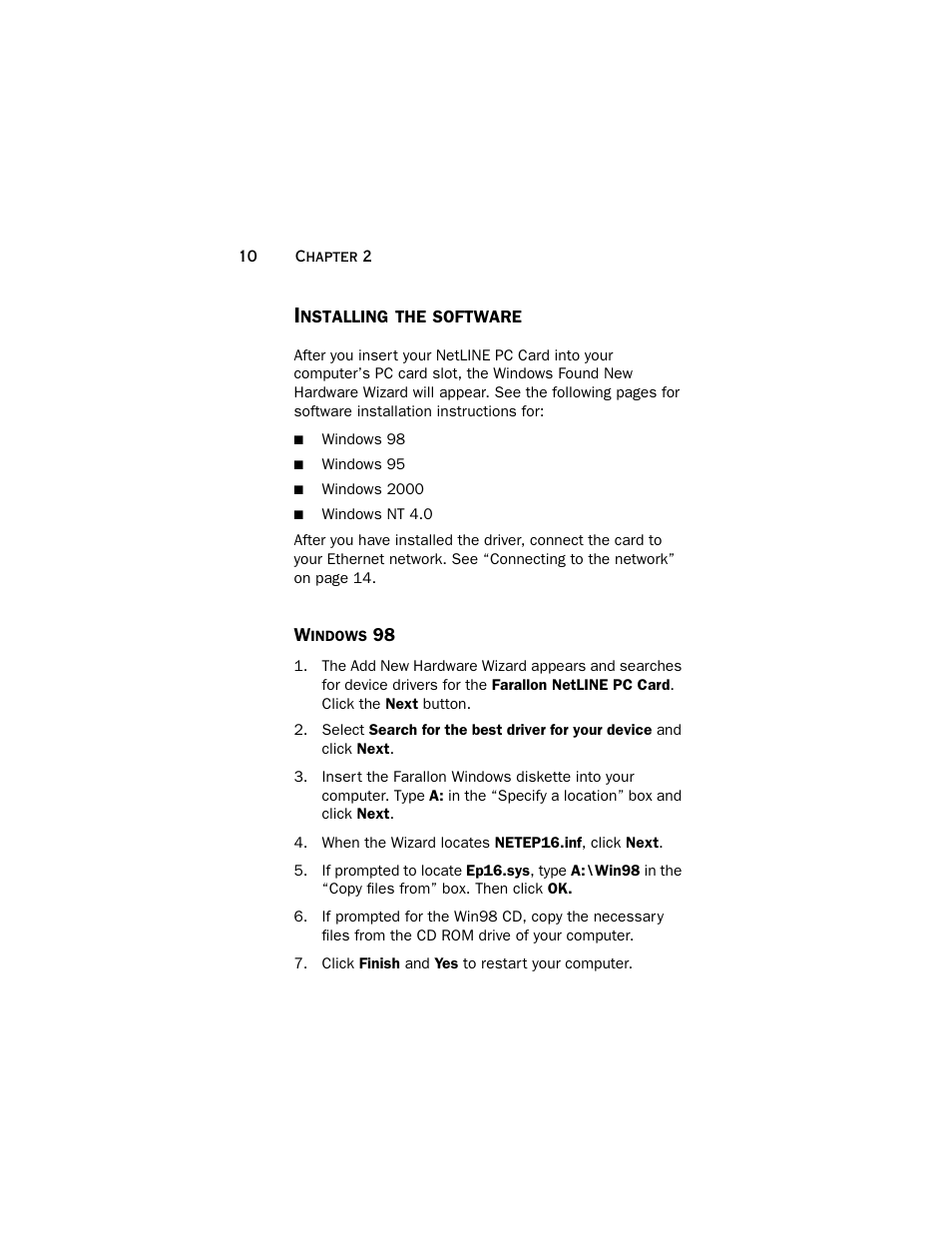 Installing the software, Windows 98 | Farallon Communications NetLINE User Manual | Page 10 / 26