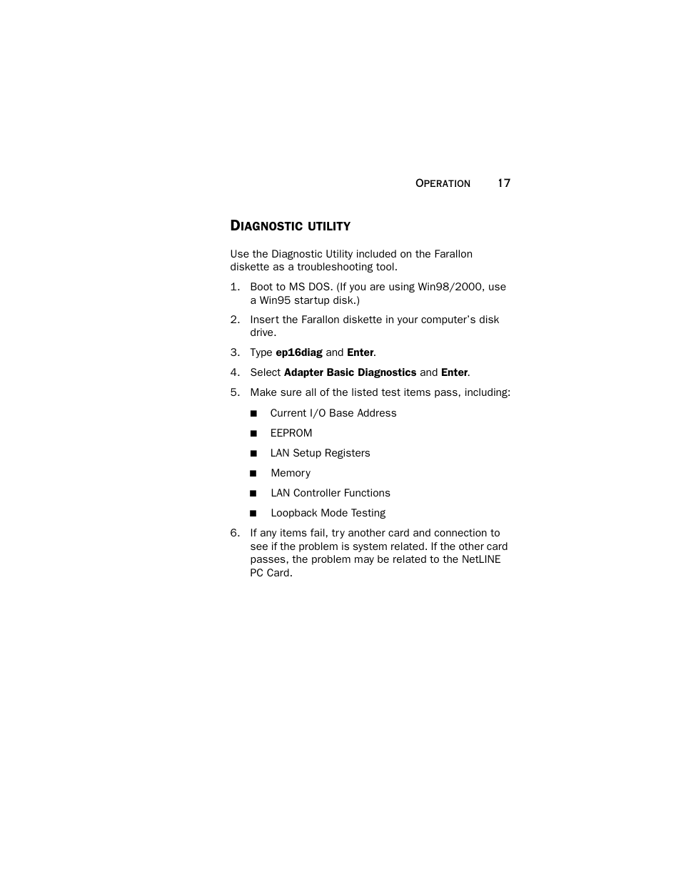 Diagnostic utility | Farallon Communications NetLINE User Manual | Page 17 / 26