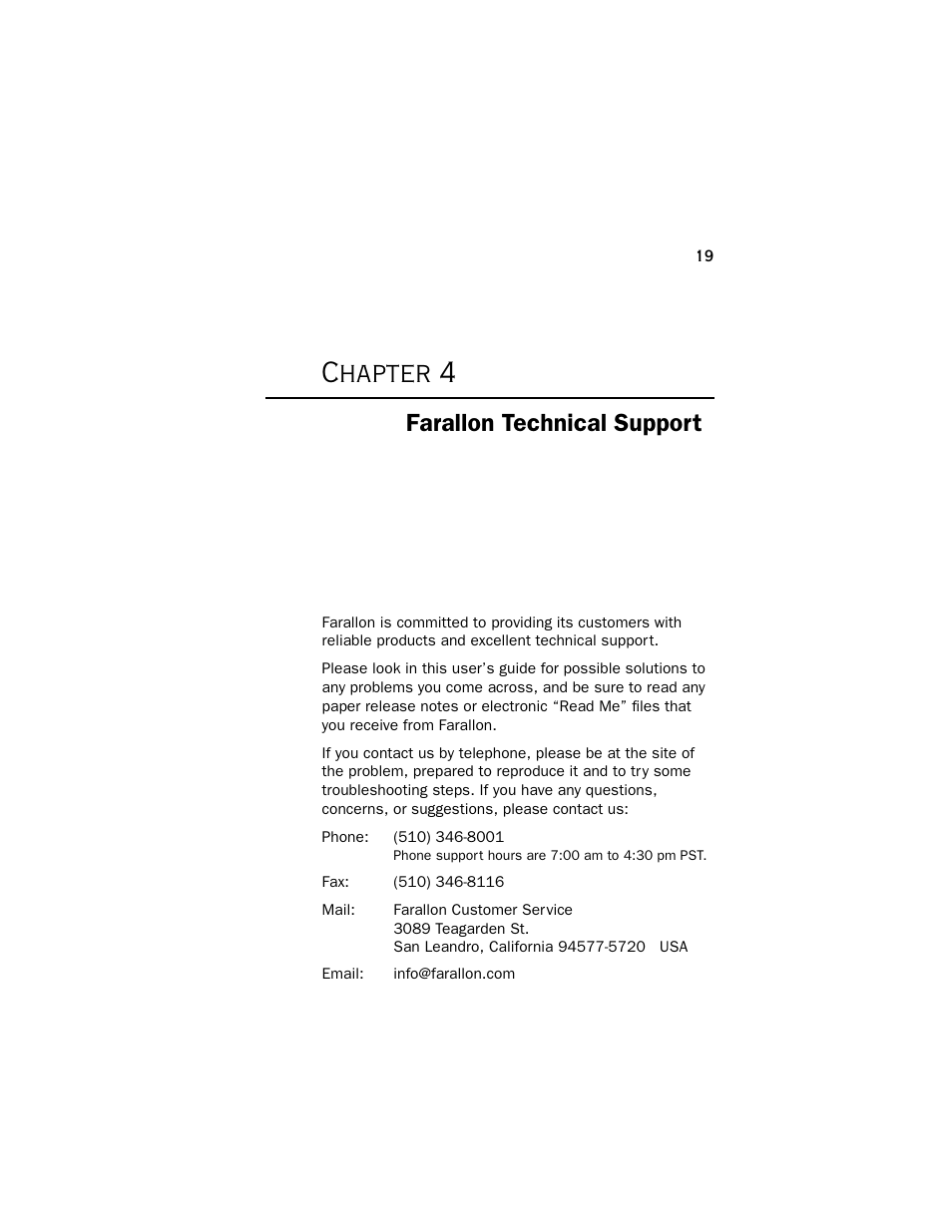 Farallon technical support, Chapter 4 - farallon technical support, Chapter 4 | Farallon Communications NetLINE User Manual | Page 19 / 26