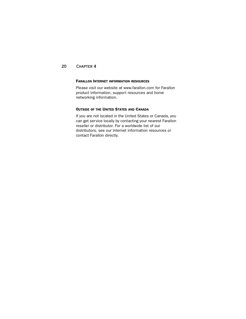 Farallon internet information resources, Outside of the united states and canada | Farallon Communications NetLINE User Manual | Page 20 / 26