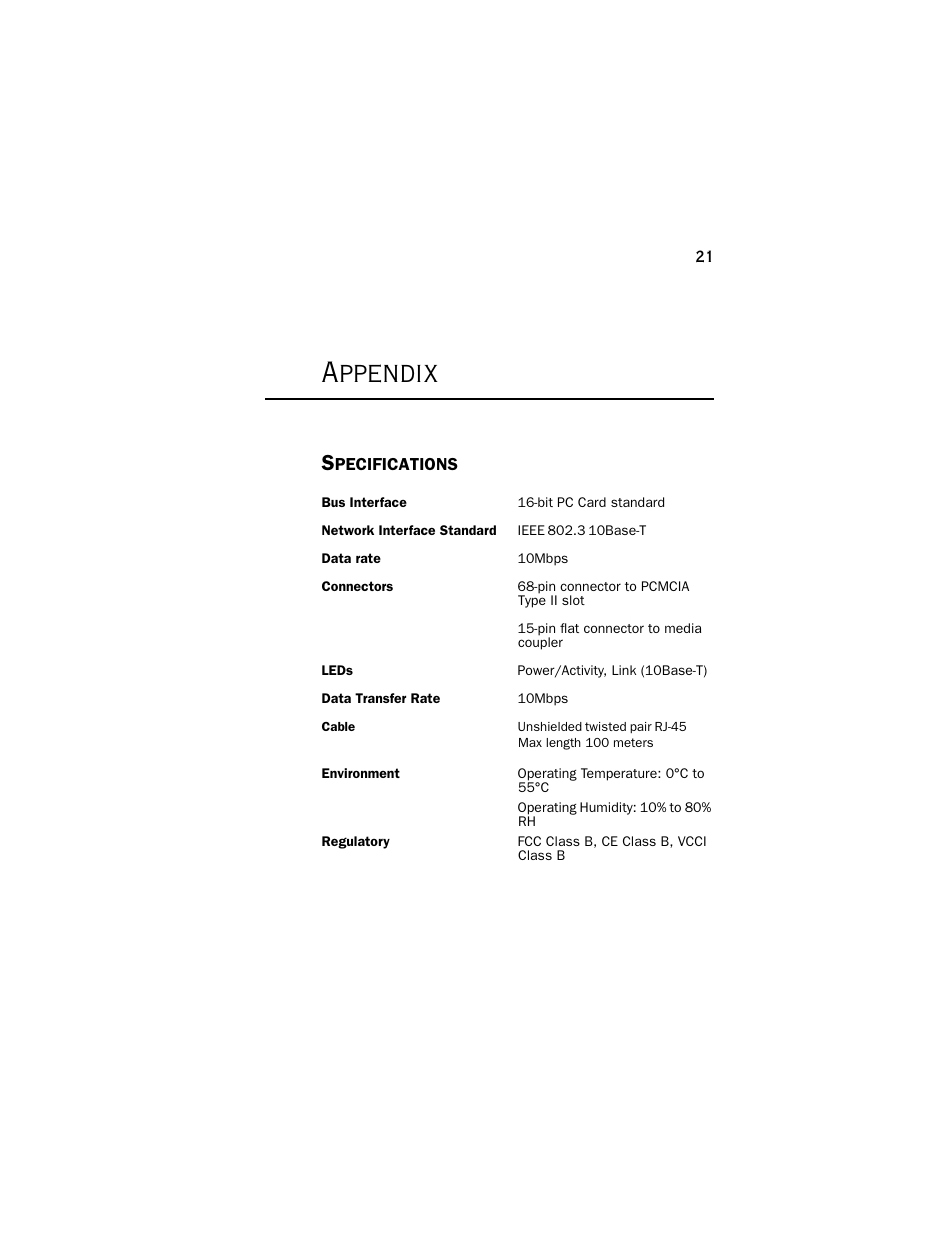 Appendix, Specifications | Farallon Communications NetLINE User Manual | Page 21 / 26