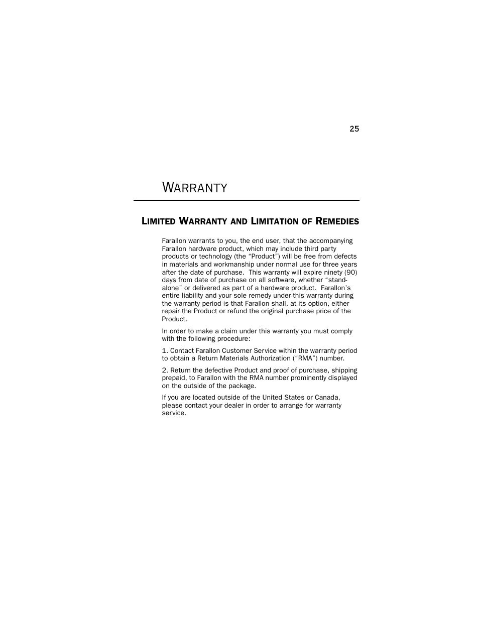 Warranty, Limited warranty and limitation of remedies | Farallon Communications NetLINE User Manual | Page 25 / 26