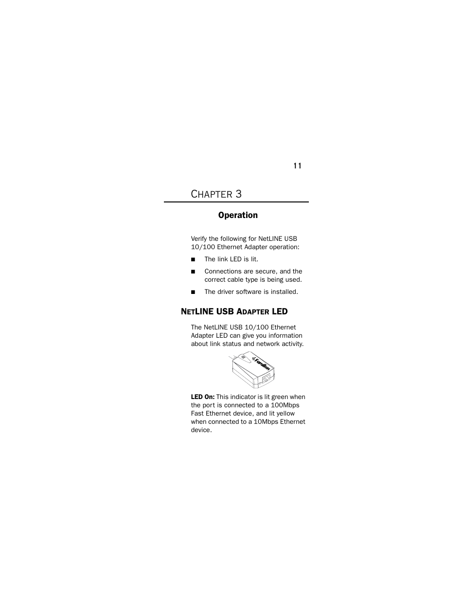 Operation, Netline usb adapter led, Chapter 3 - operation | Chapter 3 | Farallon Communications NetLine USB 10/100 User Manual | Page 11 / 20