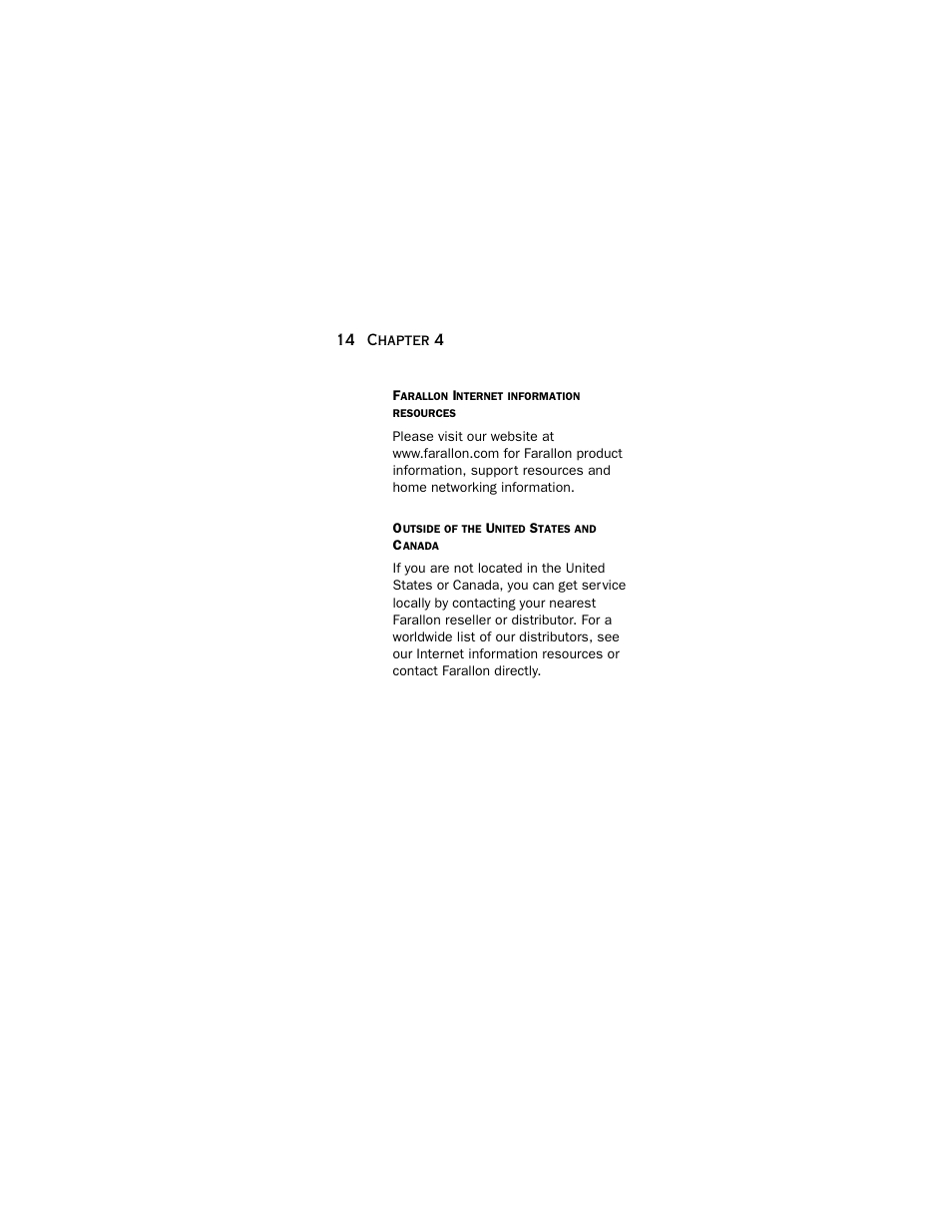Farallon internet information resources, Outside of the united states and canada | Farallon Communications NetLine USB 10/100 User Manual | Page 14 / 20
