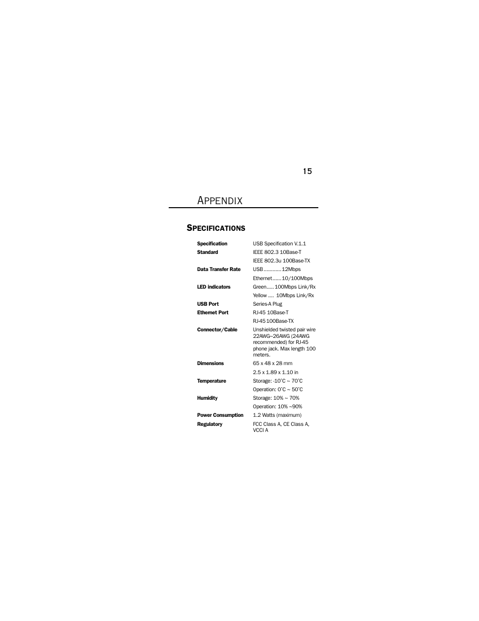 Appendix, Specifications | Farallon Communications NetLine USB 10/100 User Manual | Page 15 / 20