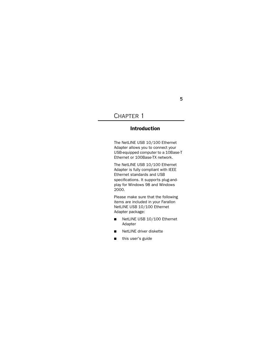 Introduction, Chapter 1 | Farallon Communications NetLine USB 10/100 User Manual | Page 5 / 20