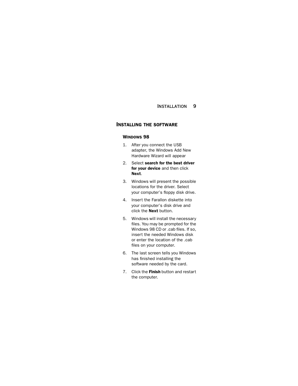 Installing the software, Windows 98 | Farallon Communications NetLine USB 10/100 User Manual | Page 9 / 20