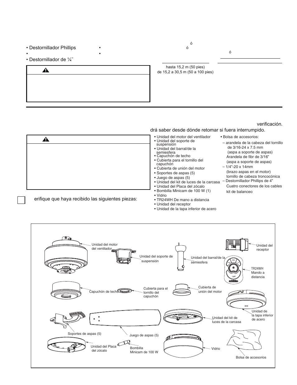Instrucciones para el desempaque, Materiales, Advertencia | Fanimation The Benito Ceiling Fan FP8003 User Manual | Page 19 / 32