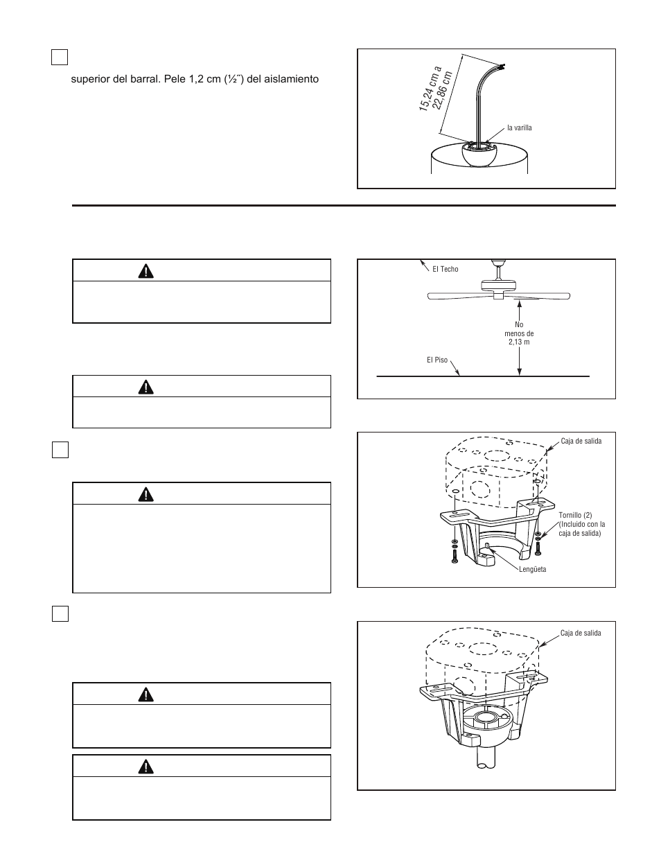 Cómo ensamblar el ventilador de techo (cont.), Cómo colgar el ventilador de techo | Fanimation The Benito Ceiling Fan FP8003 User Manual | Page 22 / 32