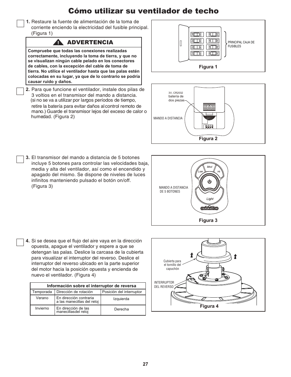 Cómo utilizar su ventilador de techo, Advertencia | Fanimation The Benito Ceiling Fan FP8003 User Manual | Page 27 / 32