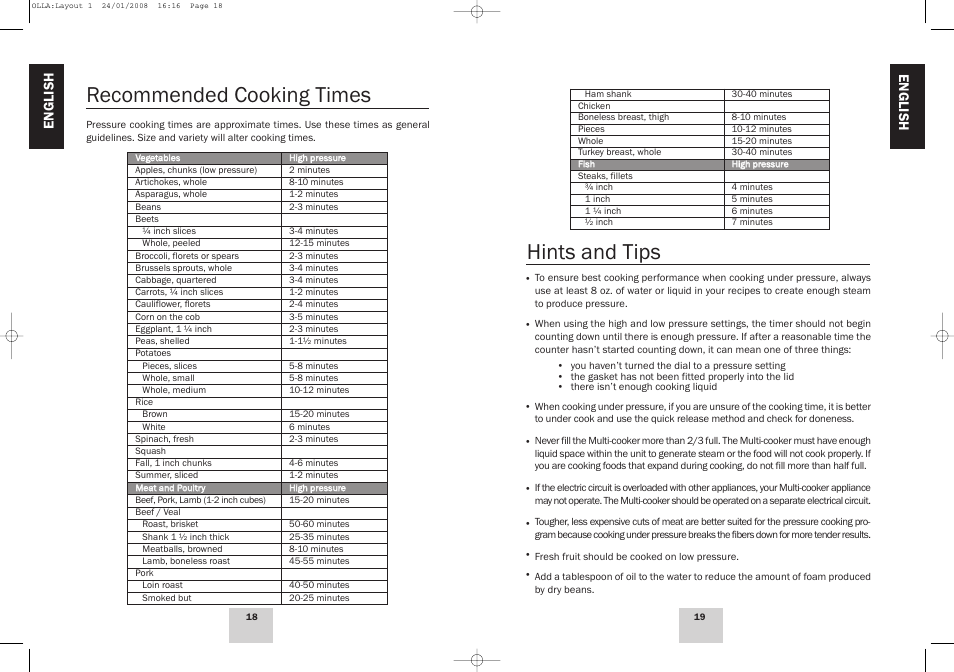 Hints and tips recommended cooking times, En gl is h en gl is h | Fagor America Electric Multi-Cooker User Manual | Page 10 / 43