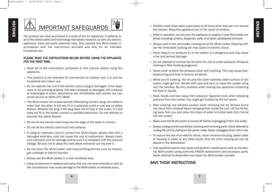 Important safeguards | Fagor America Electric Multi-Cooker User Manual | Page 4 / 43