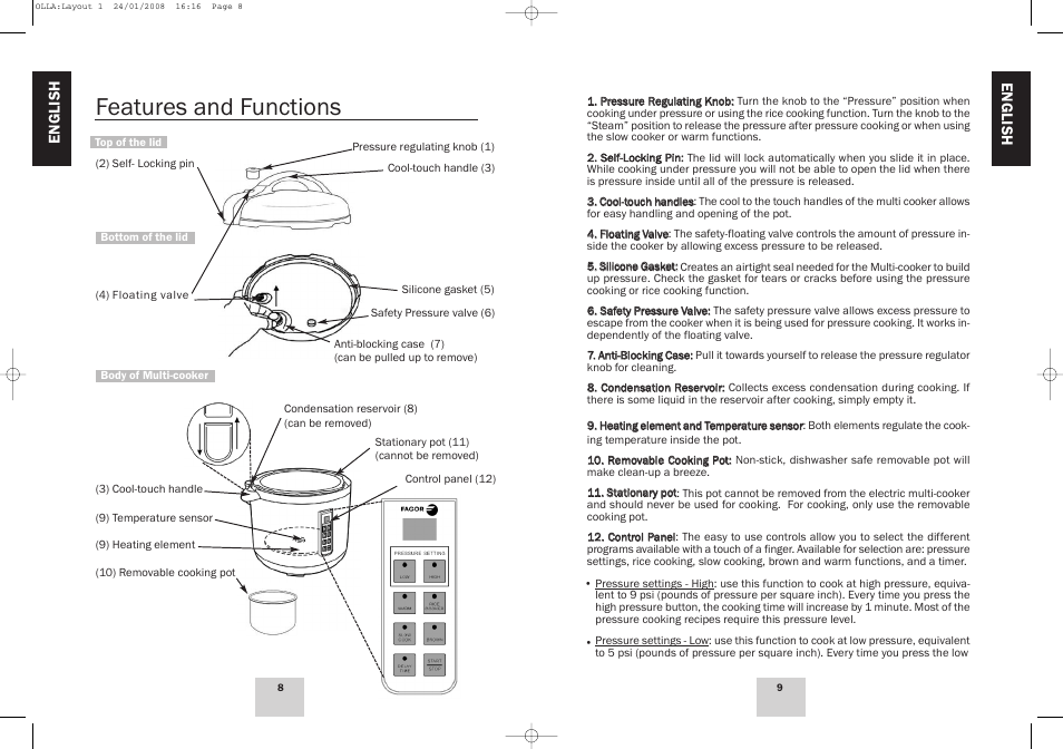 Features and functions | Fagor America Electric Multi-Cooker User Manual | Page 5 / 43