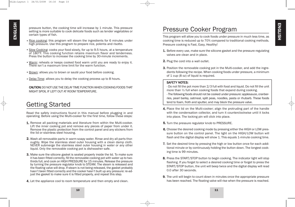 Pressure cooker program, Getting started | Fagor America Electric Multi-Cooker User Manual | Page 6 / 43