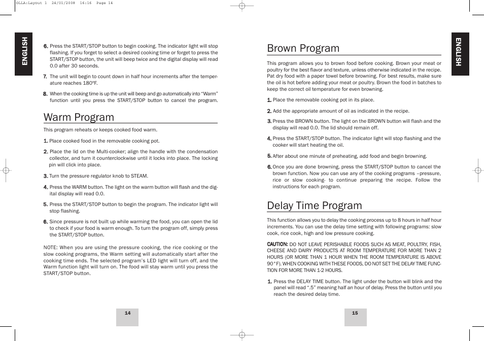 Brown program, Delay time program, Warm program | Fagor America Electric Multi-Cooker User Manual | Page 8 / 43