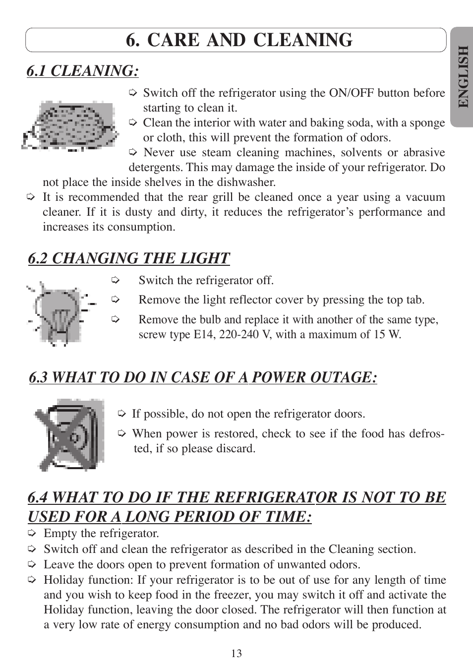 Care and cleaning, 2 changing the light, 3 what to do in case of a power outage | 1 cleaning | Fagor America 3FCA-68NFX User Manual | Page 15 / 56