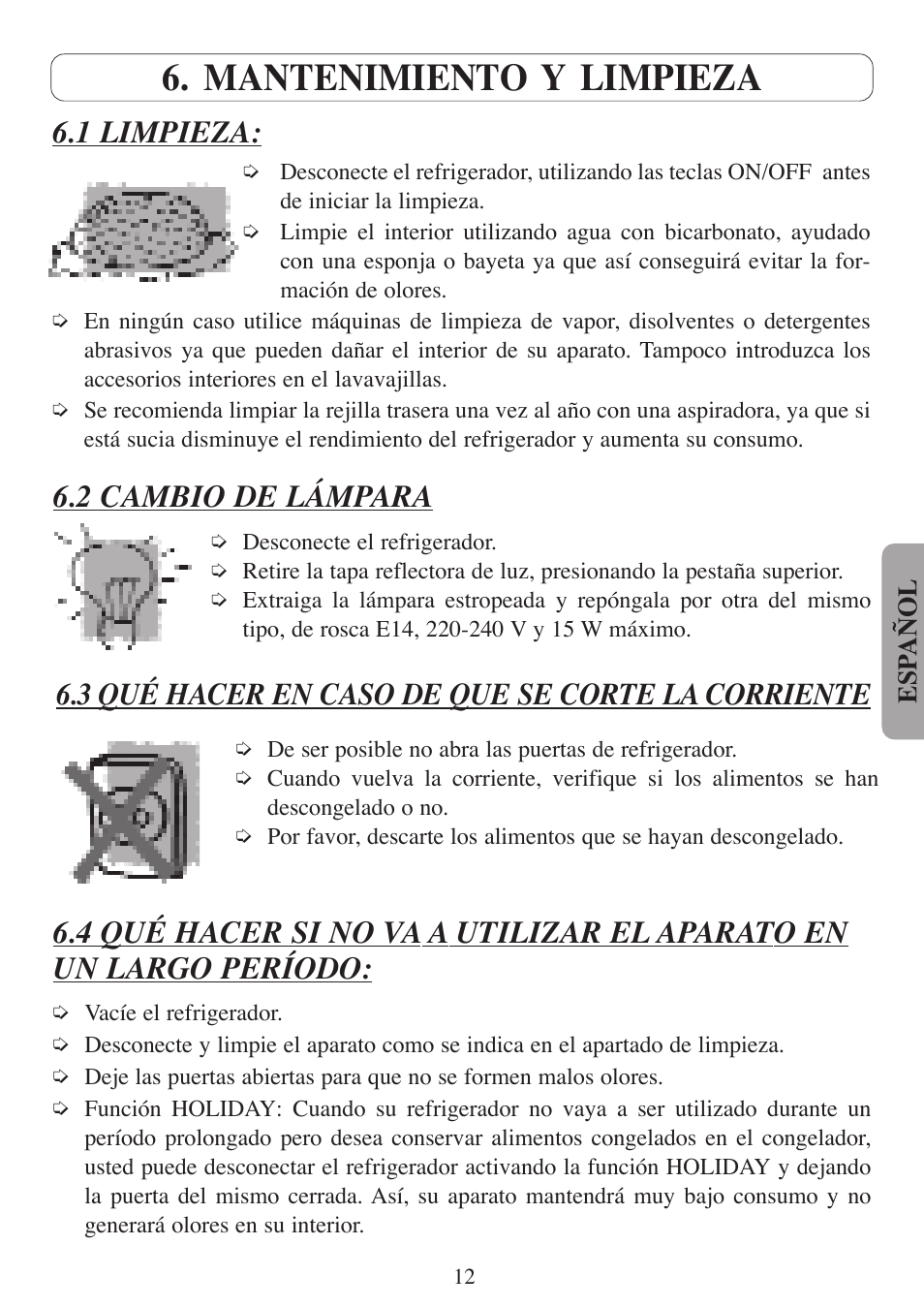 Mantenimiento y limpieza, 2 cambio de lámpara, 1 limpieza | 3 qué hacer en caso de que se corte la corriente | Fagor America 3FCA-68NFX User Manual | Page 33 / 56