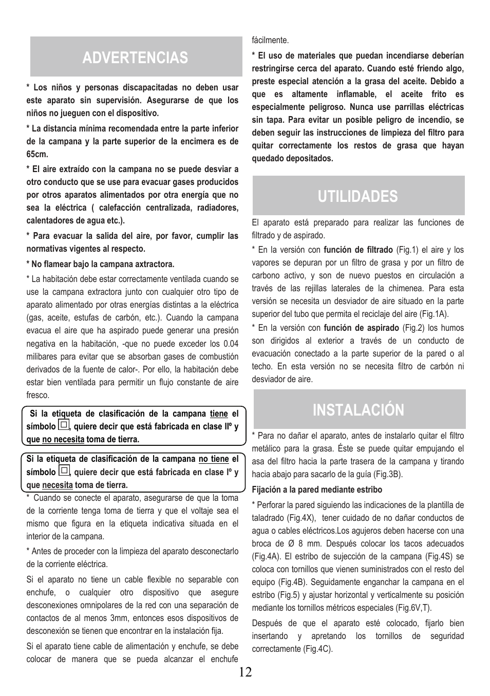 Advertencias, Utilidades, Instalación | Fagor America SCFB-36X User Manual | Page 12 / 21
