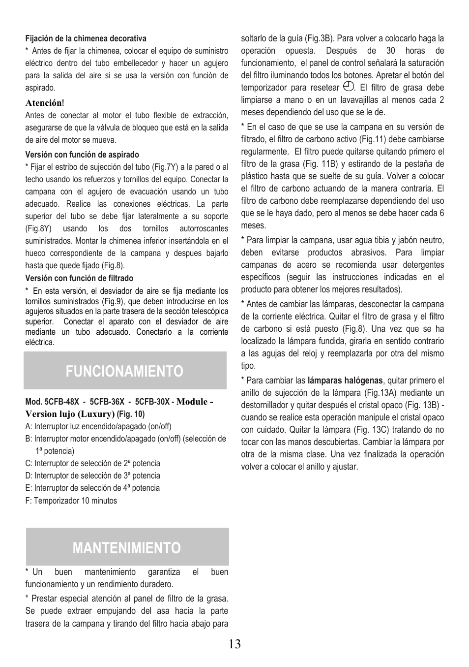 Funcionamiento, Mantenimiento | Fagor America SCFB-36X User Manual | Page 13 / 21