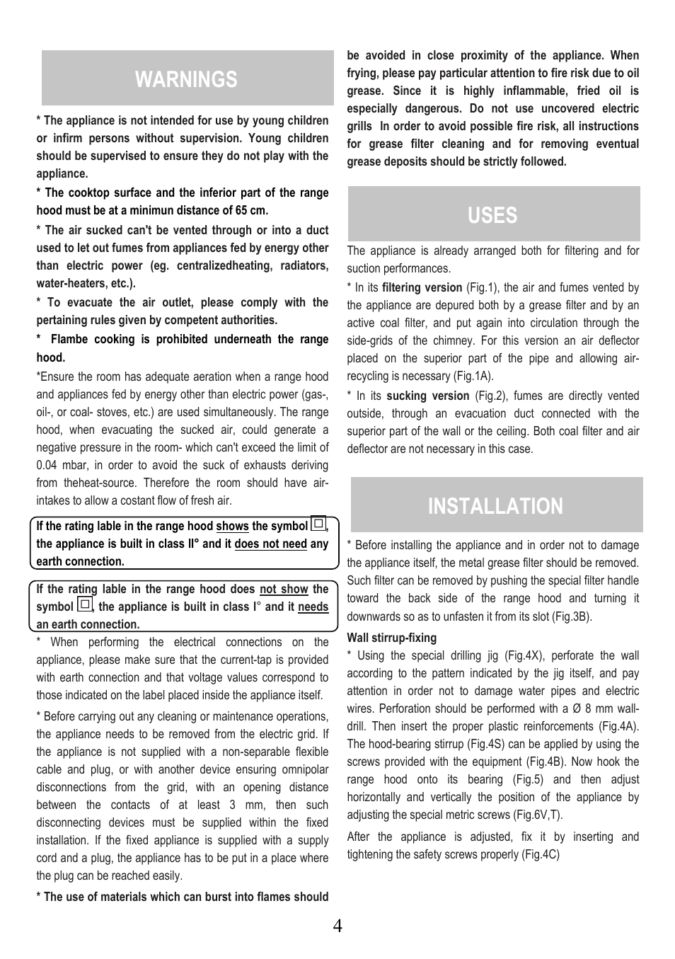 Warnings, Uses, Installation | Fagor America SCFB-36X User Manual | Page 4 / 21