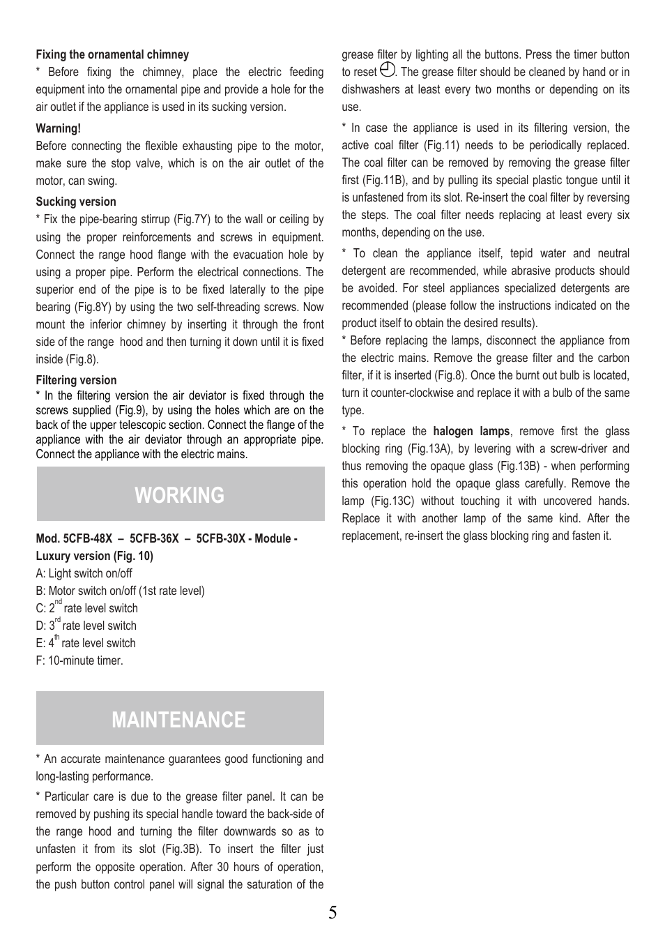 Working, Maintenance | Fagor America SCFB-36X User Manual | Page 5 / 21