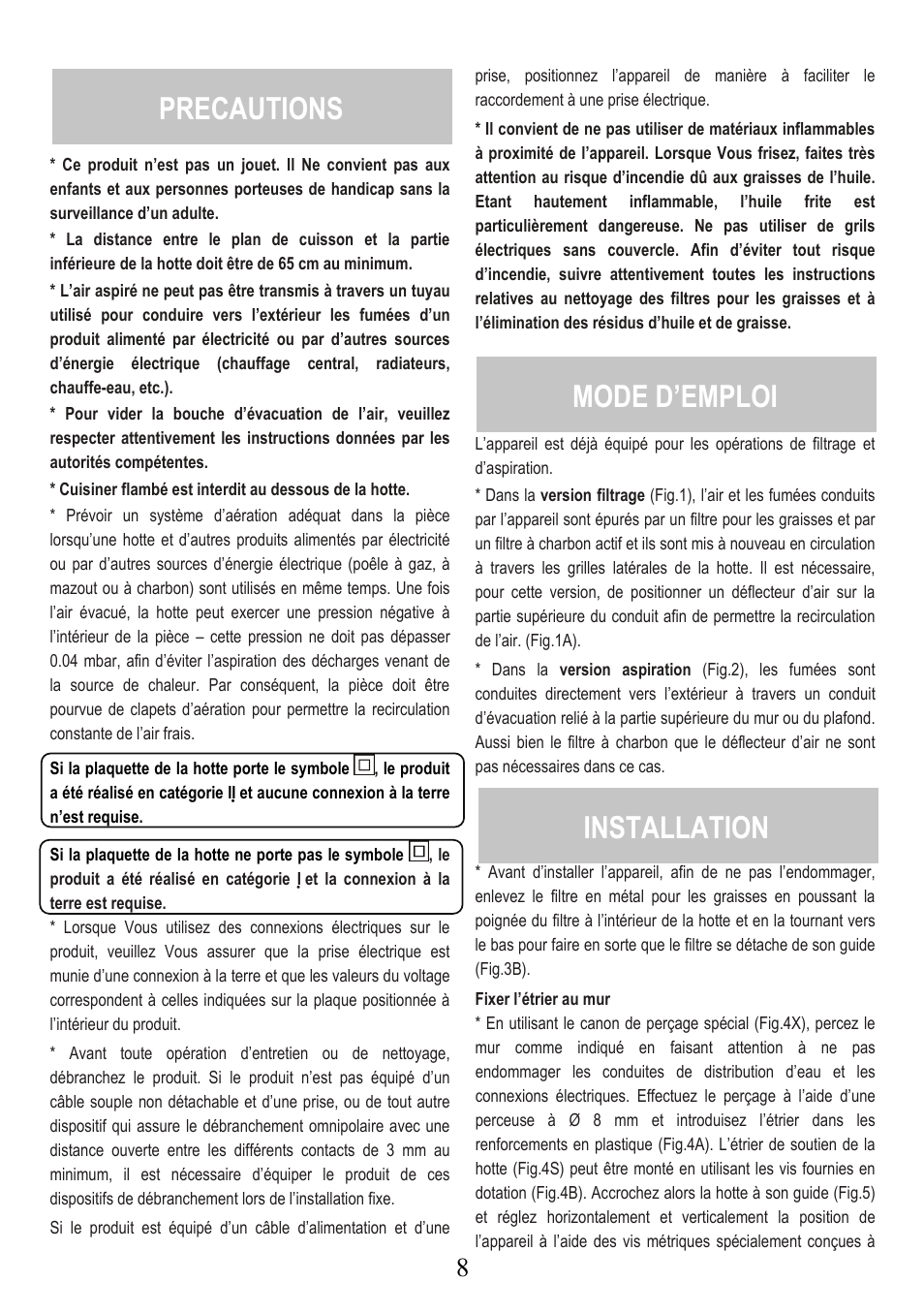 Precautions, Mode d’emploi, Installation | Fagor America SCFB-36X User Manual | Page 8 / 21